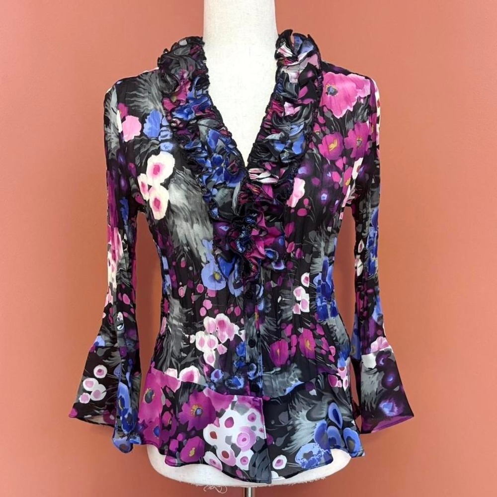 Pleated Sheer Floral Button Up Blouse